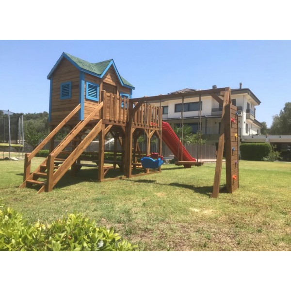 Dış Mekan Tırmanmalı Salıncaklı Ve Ev Modelli Ahşap Oyun Parkı