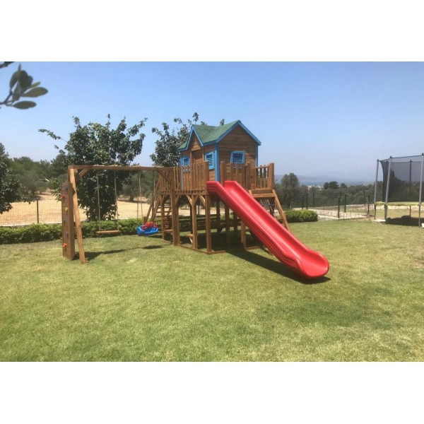 Dış Mekan Tırmanmalı Salıncaklı Ve Ev Modelli Ahşap Oyun Parkı