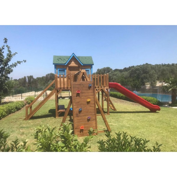 Dış Mekan Tırmanmalı Salıncaklı Ve Ev Modelli Ahşap Oyun Parkı