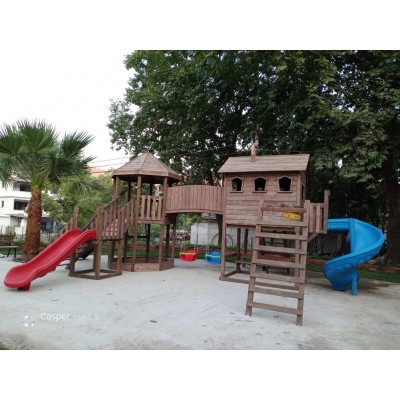 Ahşap Çift Kaydıraklı Köprülü Oyun Parkı